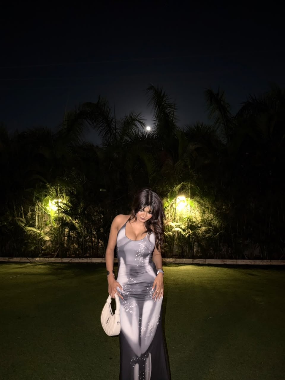 Vaishnavi Kadekar in a silver printed maxi dress on a lawn at night